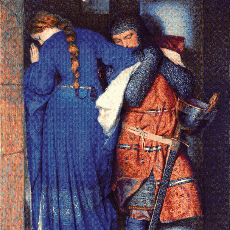 Hellelil and Hildebrand by Frederic William Burton Hellelil and Hildebrand, the meeting on the turret stairs, a painting by Frederic William Burton